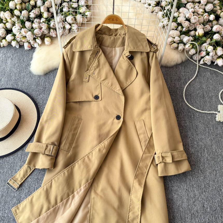 Double Breasted Plain Long Trench Coat Product Image