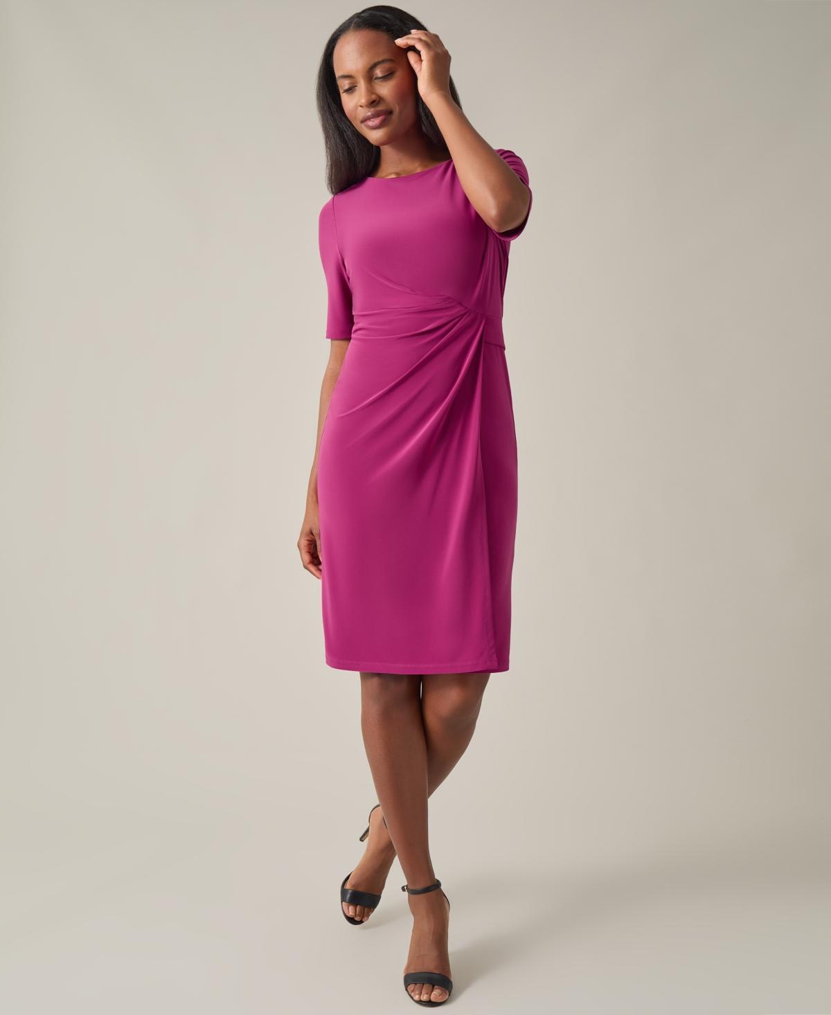 Women's Solid Pleat-Front Elbow-Sleeve Dress Product Image