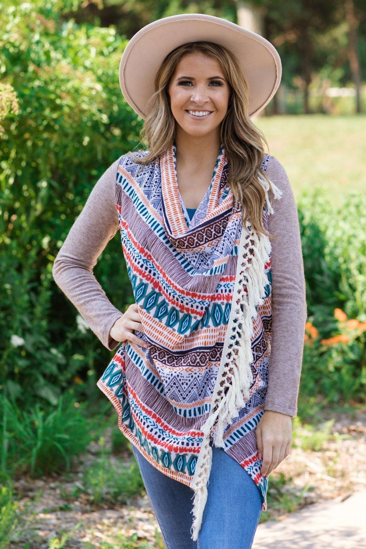 Taupe Multicolor Fringe Trim Aztec Cardigan Product Image