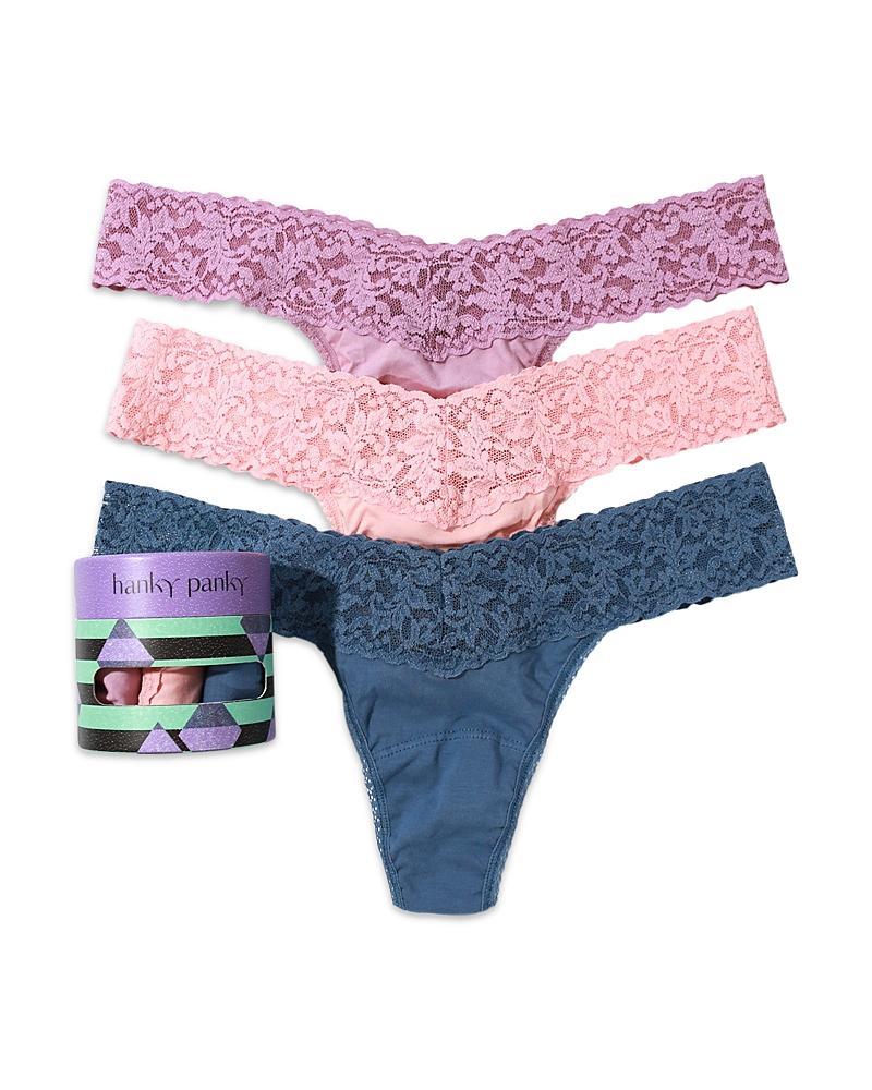 Hanky Panky Supima(r) Cotton Low Rise Thong 3 Pack (Water Lily/Dove Grey/White) Women's Underwear Product Image