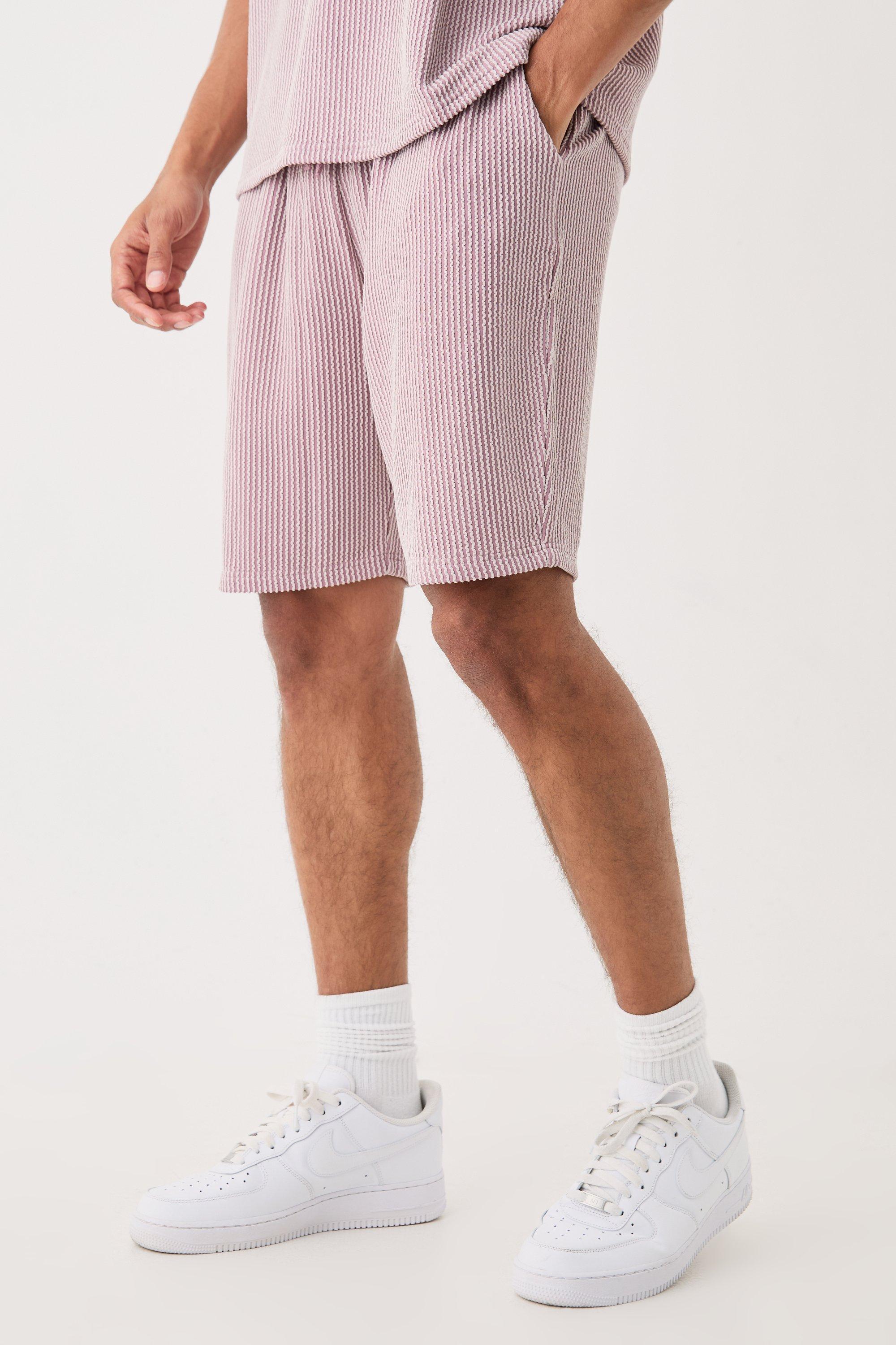 Mens Purple Relaxed Fit Mid Length Stripe Texture Shorts, Purple Product Image