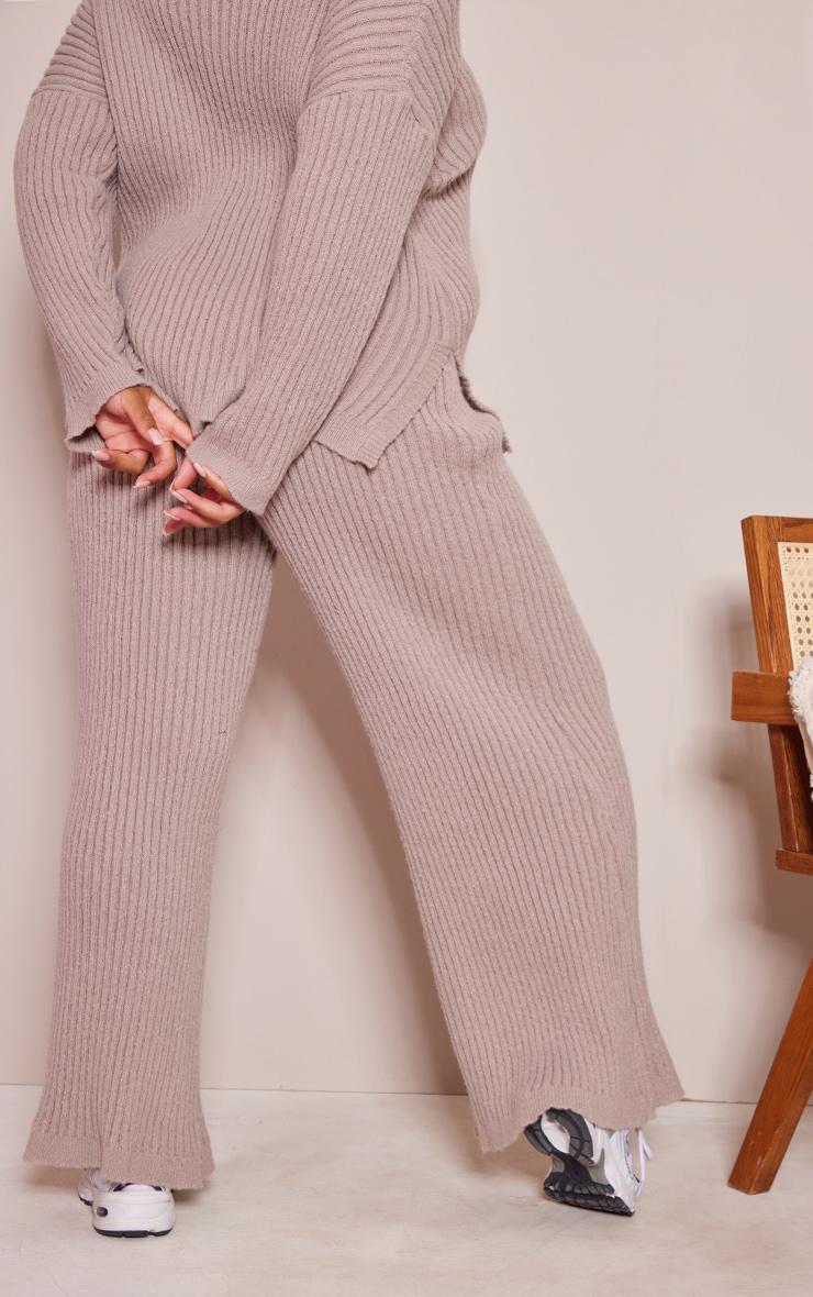 Plus Mocha Ribbed Wide Leg Knitted Pants Product Image