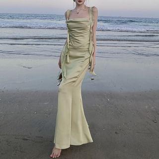 Spaghetti Strap Plain Open Back Ruffle Trim Slit Maxi Mermaid Dress Product Image