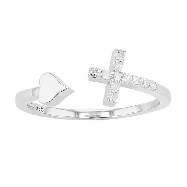 Sterling Silver 1/10 Carat T.W. Diamond Cross & Heart Ring, Womens White Product Image