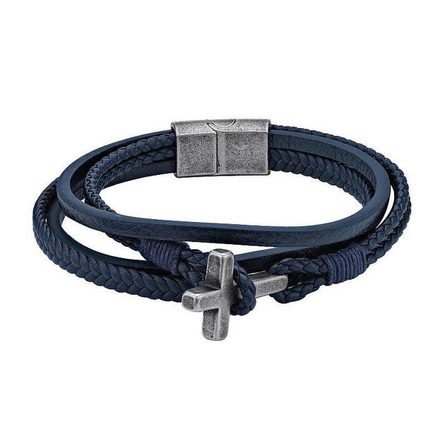 LYNX Mens Antiqued Stainless Steel Multistrand Blue Leather Bracelet Product Image