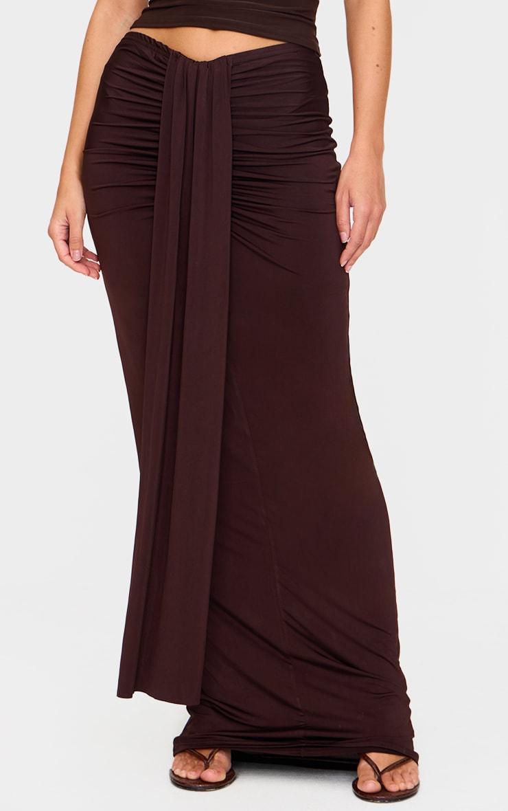 Chocolate Slinky Drape Front Ruched Maxi Skirt Product Image