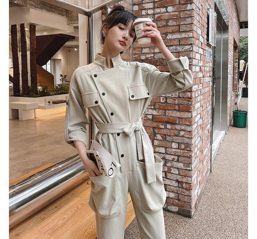 Long-Sleeve Collared Plain Button Jumpsuit Product Image