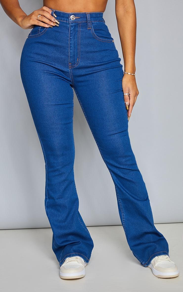 PRETTYLITTLETHING Shape Mid Blue Wash Stretch Denim Flared Jeans Product Image