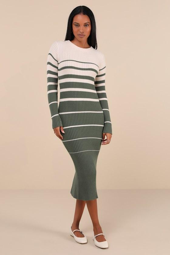 Seasonal Status Green and Cream Striped Midi Sweater Dress Product Image