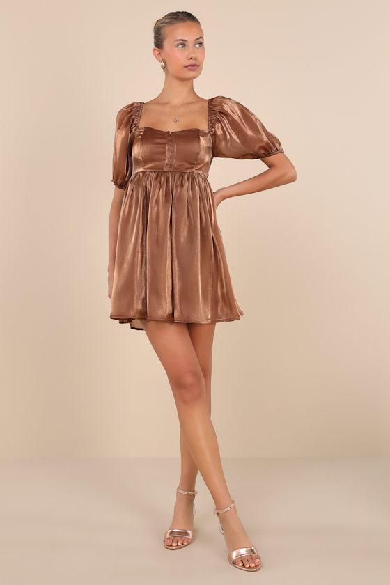 Desired Delight Brown Puff Sleeve Babydoll Mini Dress Product Image