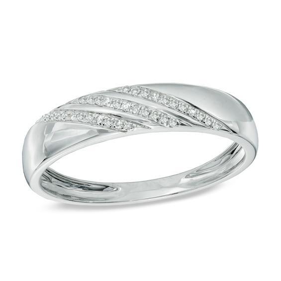 Men's 1/10 CT. T.w. Diamond Slant Striped Wedding Band in 10K White Gold Product Image