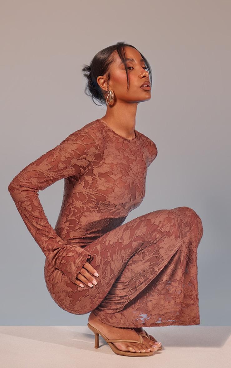 Mocha Floral Sheer Burnout Long Sleeve Maxi Dress Product Image