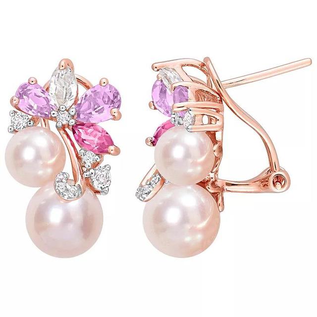 Stella Grace 18k Rose Gold Over Silver Multi-Gemstone & Pink Freshwater Cultured Pearl Cluster Earrings, Womens, Pink Tone Product Image