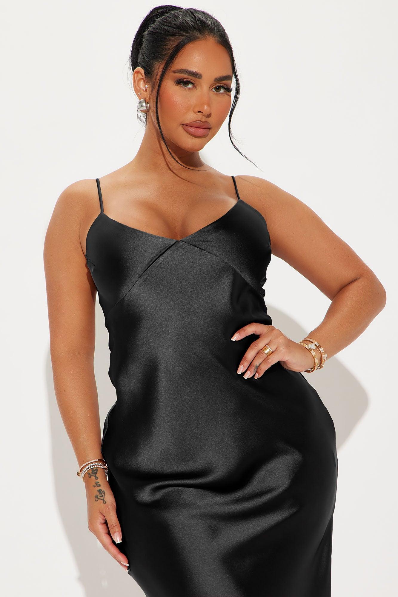 Draped in Satin Midi Dress - Black Product Image