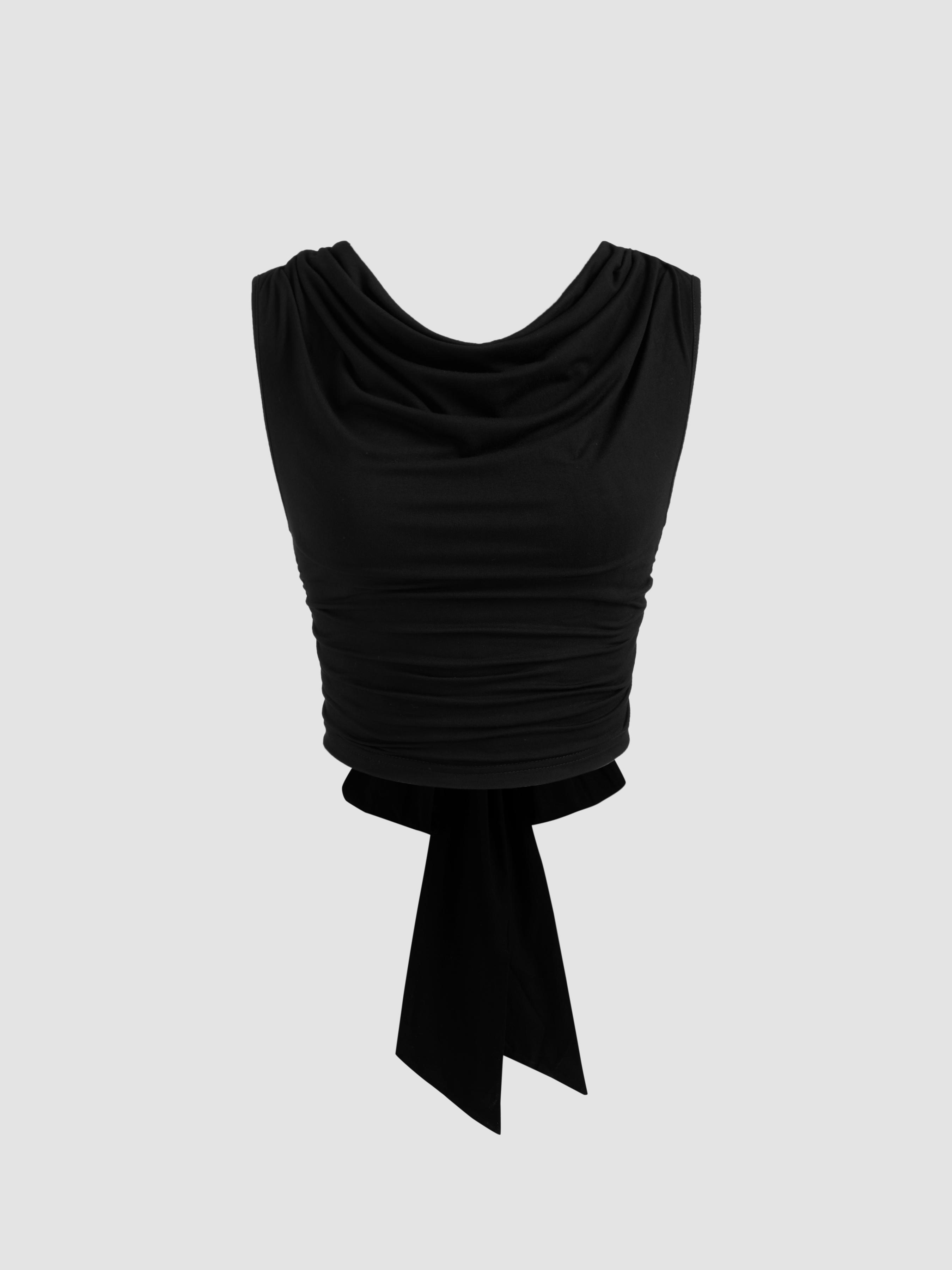 Cowl Neck Solid Ruched Knotted Crop Tank Top Product Image