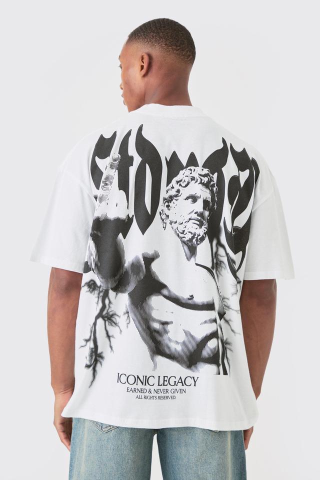 Mens White Oversized Extended Neck Large Scale Statue Print T-shirt, White Product Image