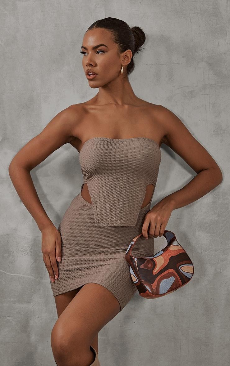 Mocha Textured Bandeau Stirrup Hem Bodycon Dress Product Image