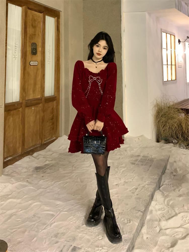 Long-Sleeve Bow Rhinestone Ruffle Trim Velvet A-Line Dress Product Image