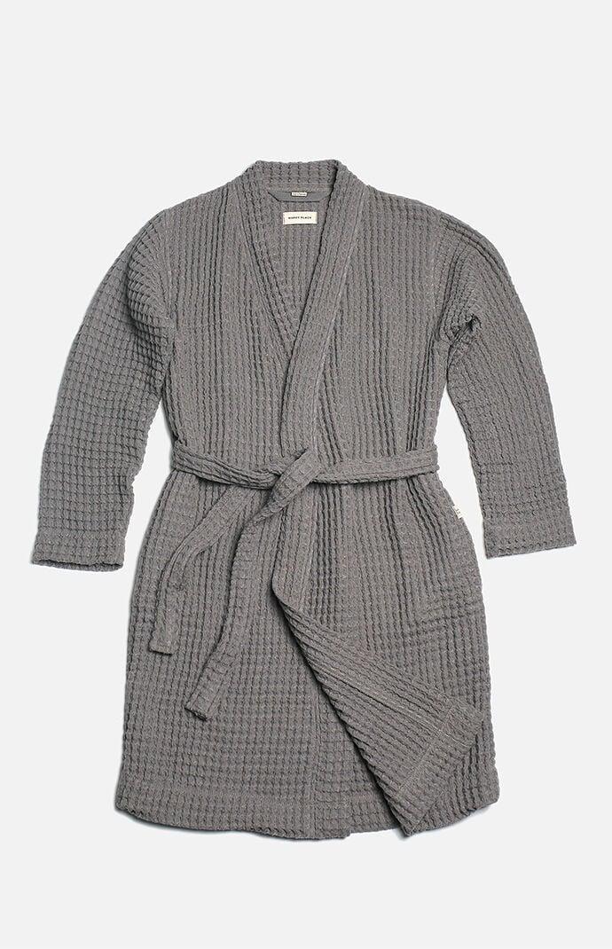 Happy Place Women's Organic The Weightless Gray Black Waffle Robe in Grey/Black - Product Image