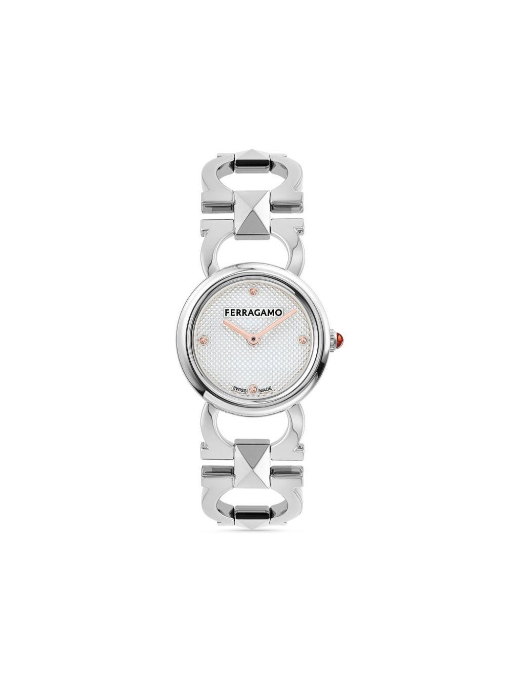 FERRAGAMO 25mm Double Gancini Stud Watch With Silver Dial, Stainless Steel In White Product Image