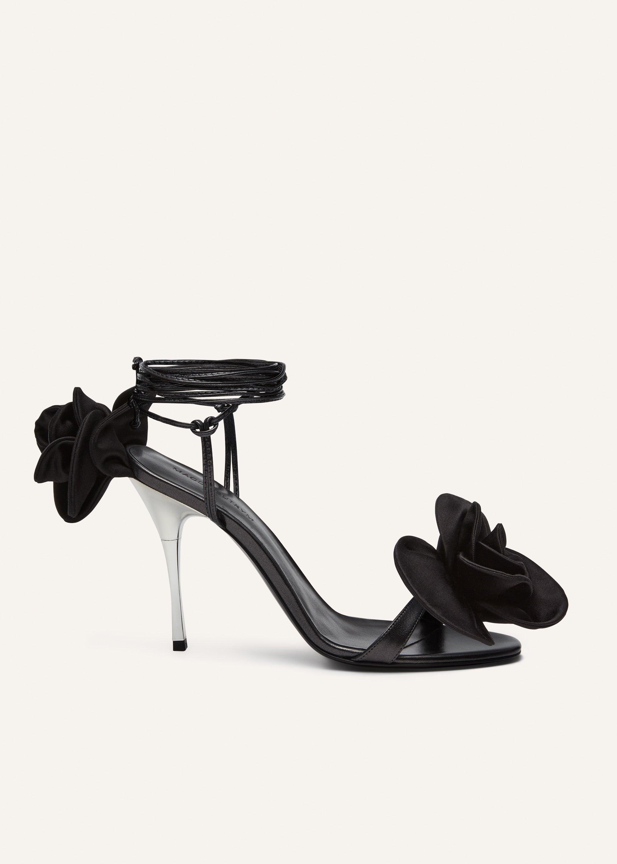 Wrap-around double-flower sandals in black leather product image