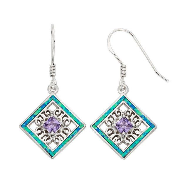 Lab-Created Blue Opal & Cubic Zirconia Sterling Silver Square Drop Earrings, Womens Product Image