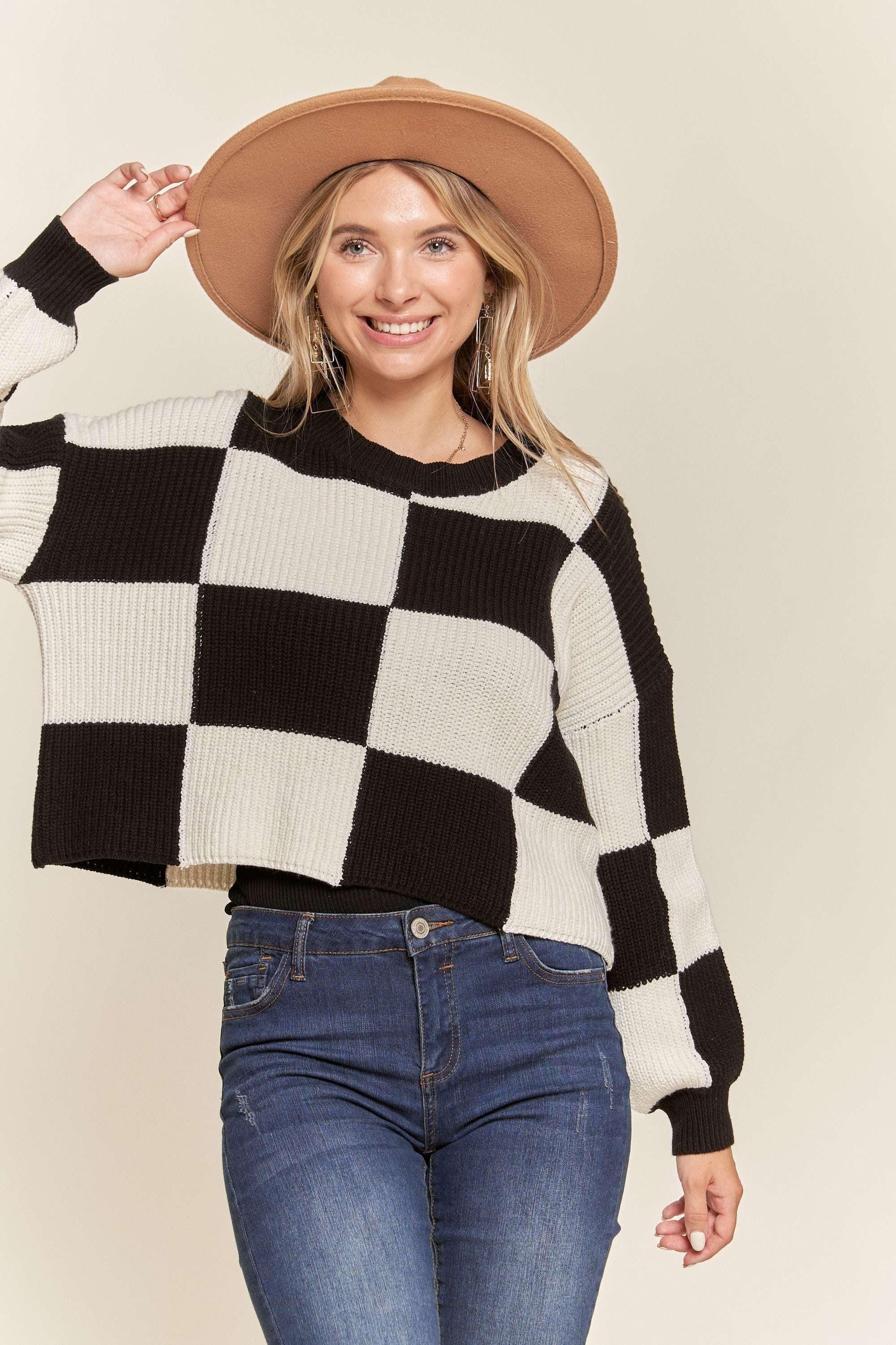 Comfy Cropped Black & White Checkered Knit Sweater Top Product Image