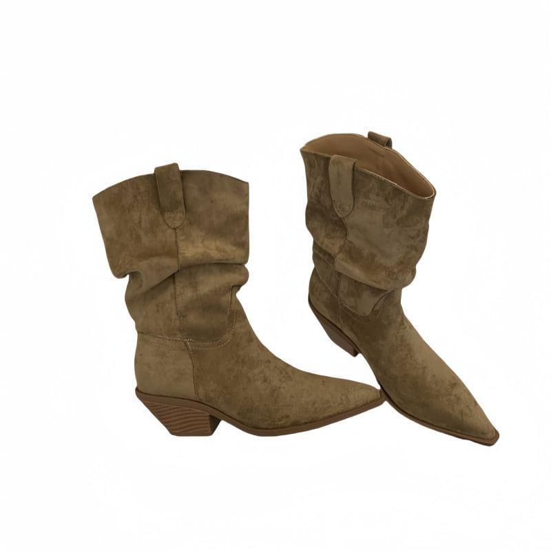 Chunky Heel Pointed Toe Plain Faux Suede Mid-Calf Boots Product Image