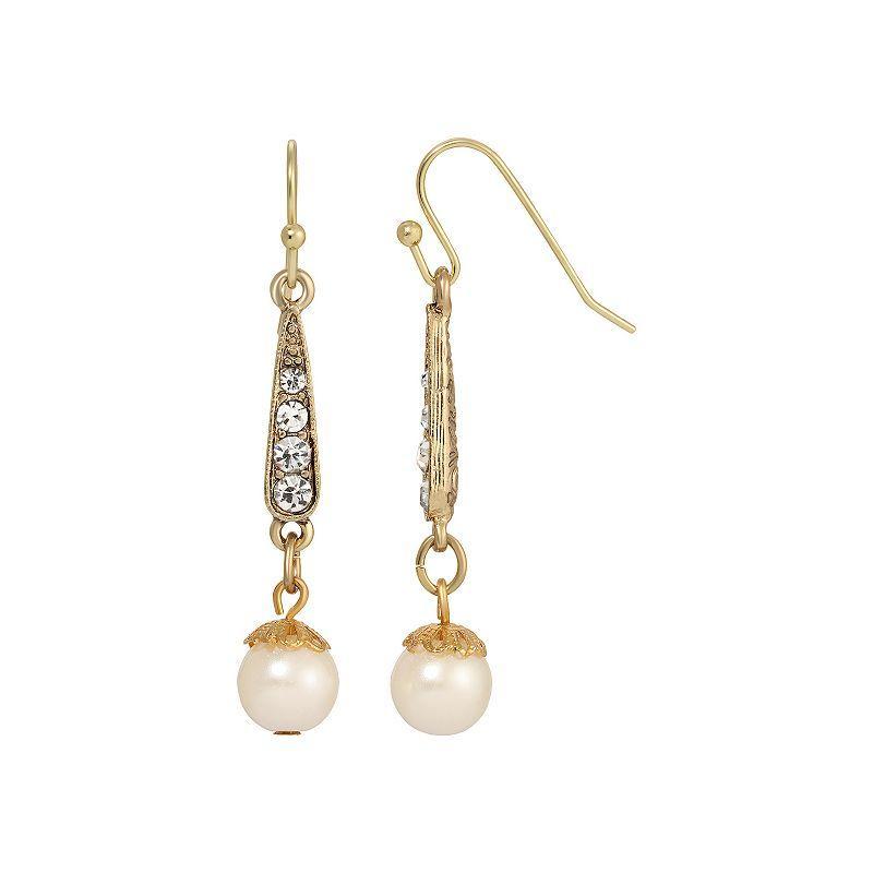 1928 Gold Tone Simulated Pearl & Crystal Linear Drop Earrings, Womens, White Product Image