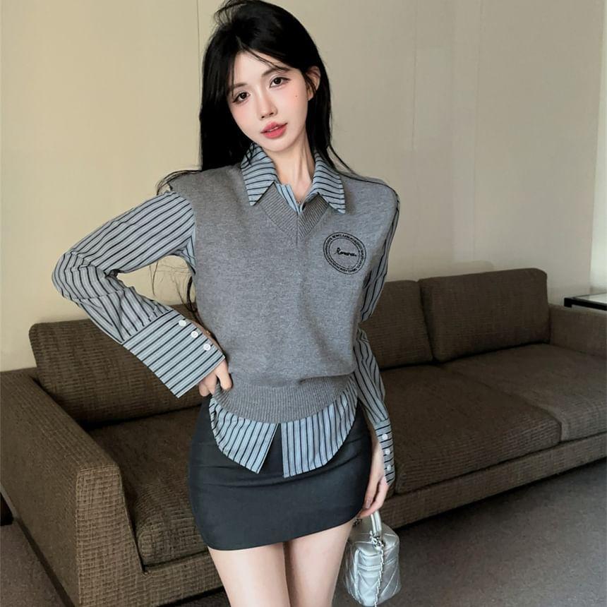 Striped Button-Up Shirt / High Waist Pencil Skirt Product Image