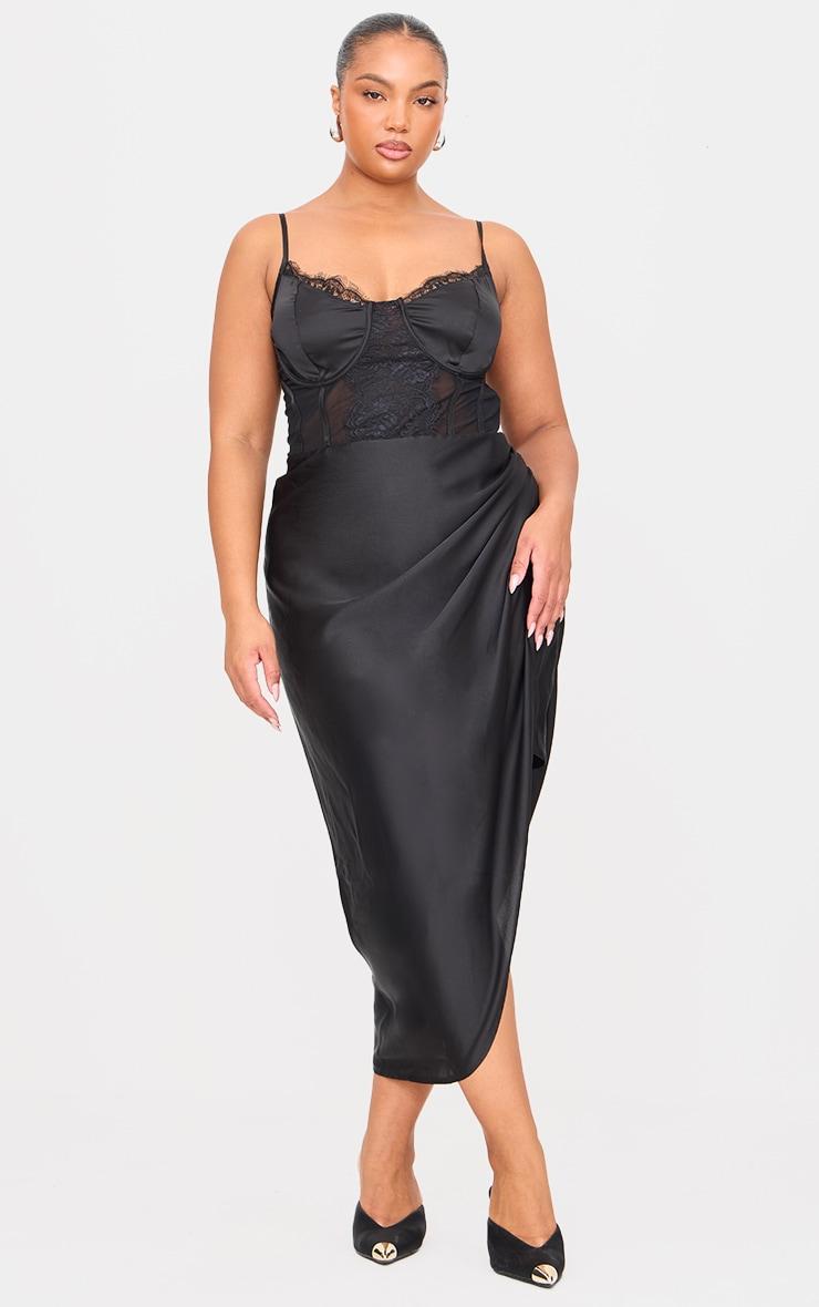 Plus Black Lace Insert Cup Detail Ruched Side Midi Dress product image