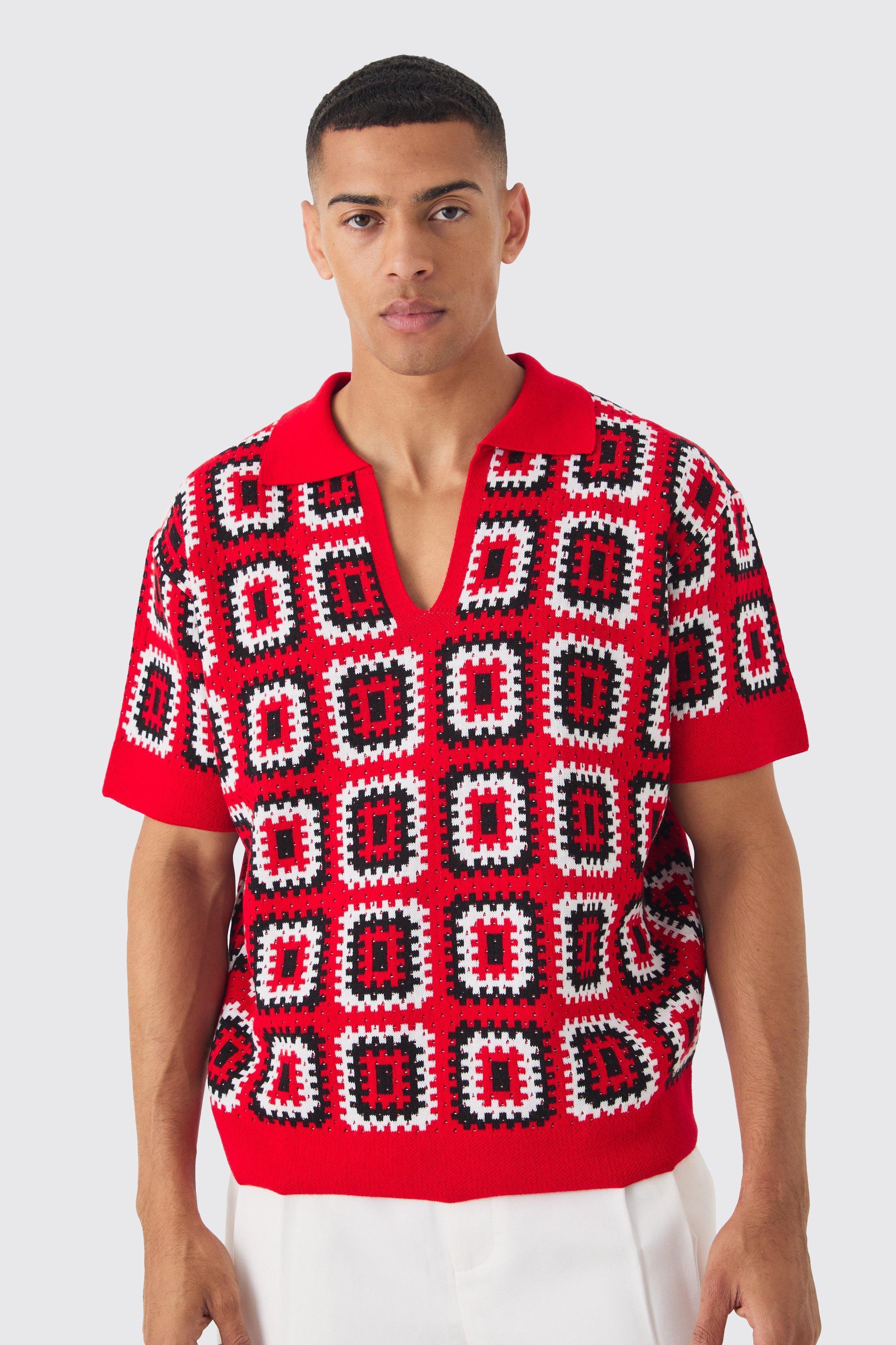 Mens Red Oversized Boxy V Neck Crochet Knit Polo, Red Product Image