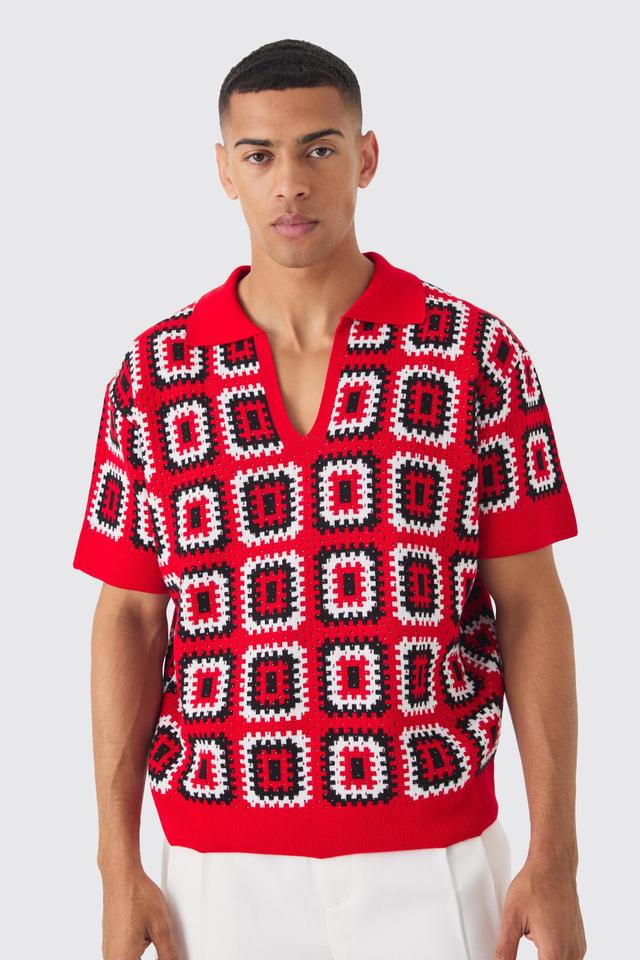 Mens Red Oversized Boxy V Neck Crochet Knit Polo, Red Product Image