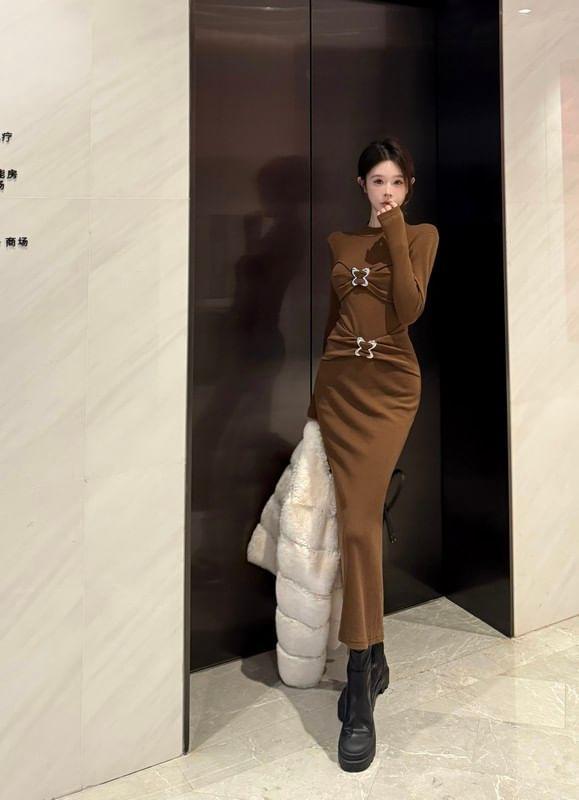 Long-Sleeve Crewneck Knit Maxi Sheath Dress Product Image