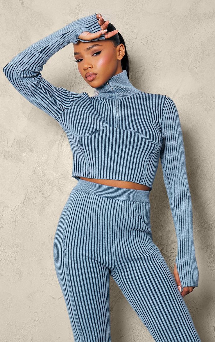 Blue Two Tone Chunky Rib Knit Underbust Detail Cropped Half Zip Product Image