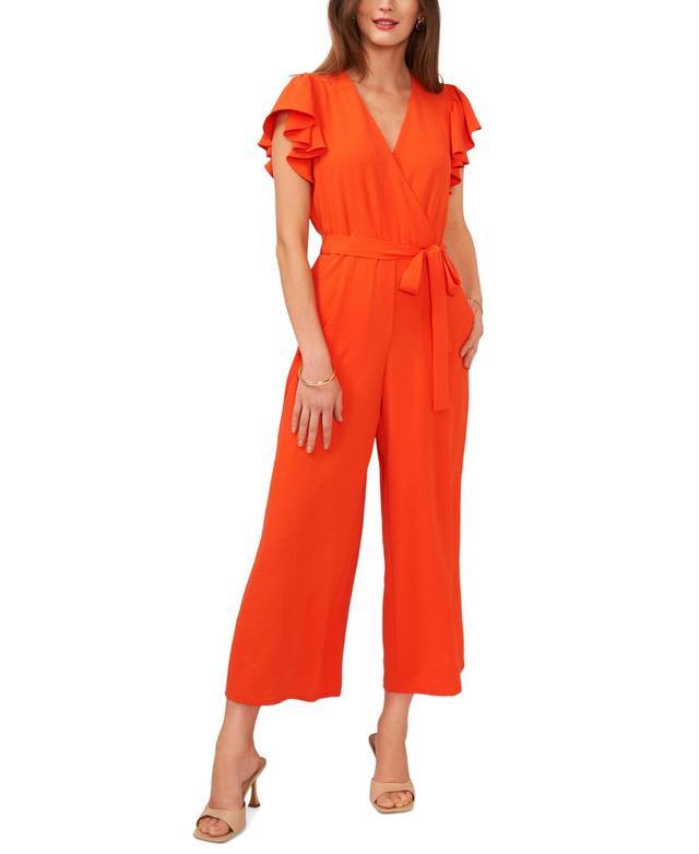 Vince Camuto Womens Tie-Waist Flutter-Sleeve V-Neck Jumpsuit Product Image