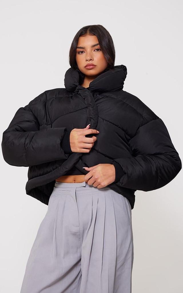 Black Quilted Asymmetric High Neck Puffer Jacket Product Image