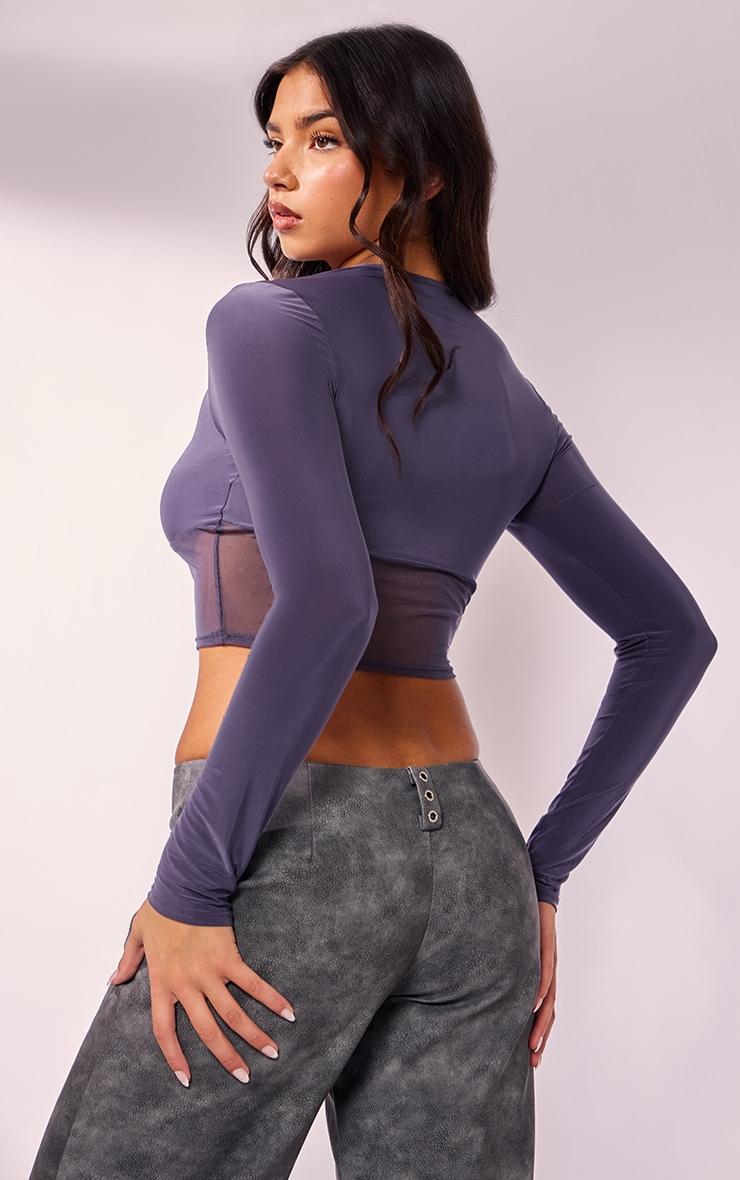 Charcoal Contrast Fabric Long Sleeve Crop Top Product Image