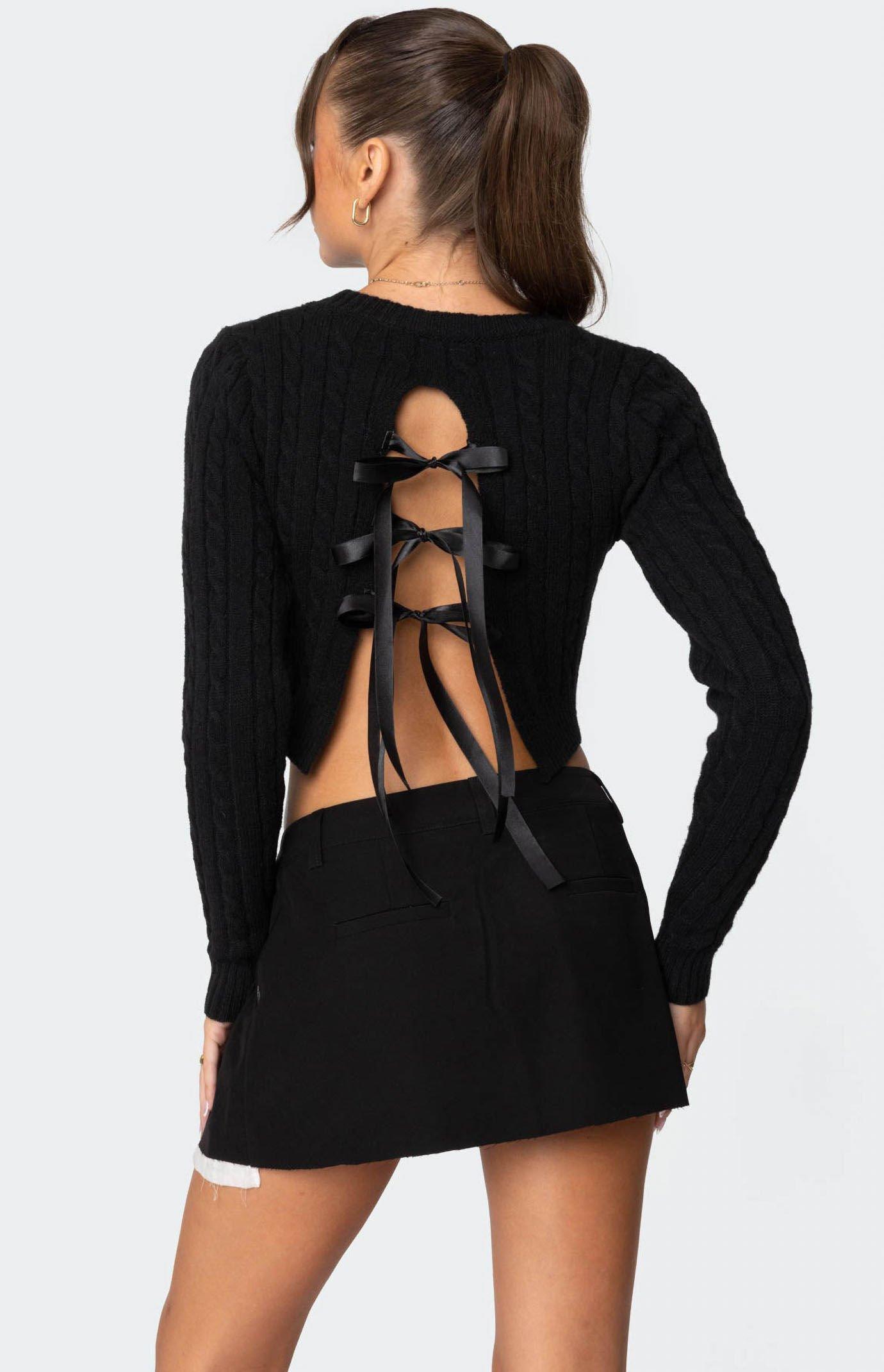 Edikted Women's Bow Back Cropped Cable Knit Sweater Product Image