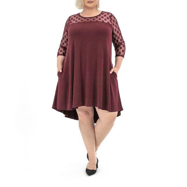 Plus Size Nina Leonard Dot-Mesh Yoke Swing Dress, Womens Deep Red Product Image