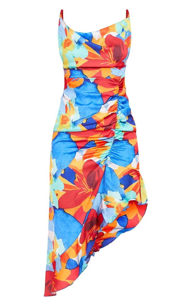 Multi Abstract Print Satin Frill Hem Ruched Maxi Dress Product Image