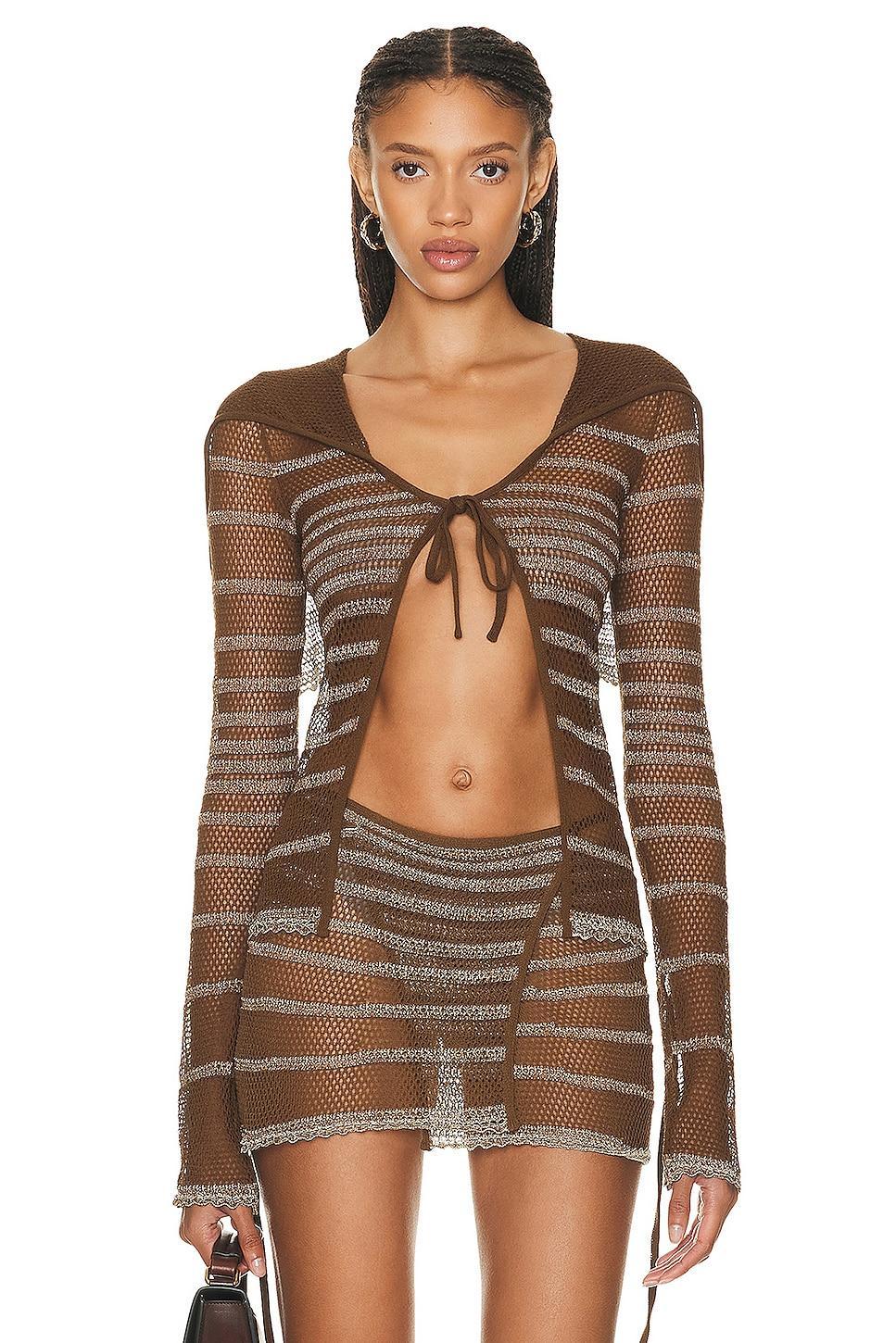 Jean Paul Gaultier X KNWLS Mariniere Pointelle Long Sleeve Cardigan in Brown & Ecru - Brown. Size XS (also in L, M, S). Product Image