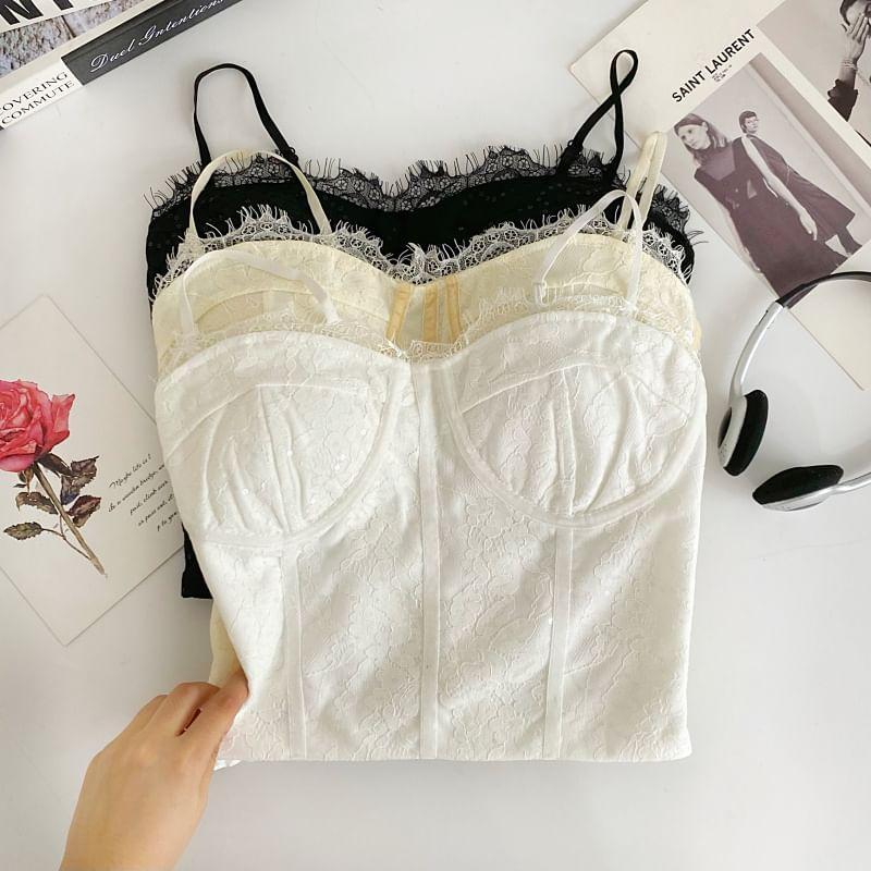 Spaghetti Strap Floral Lace Trim Crop Bustier Top Product Image