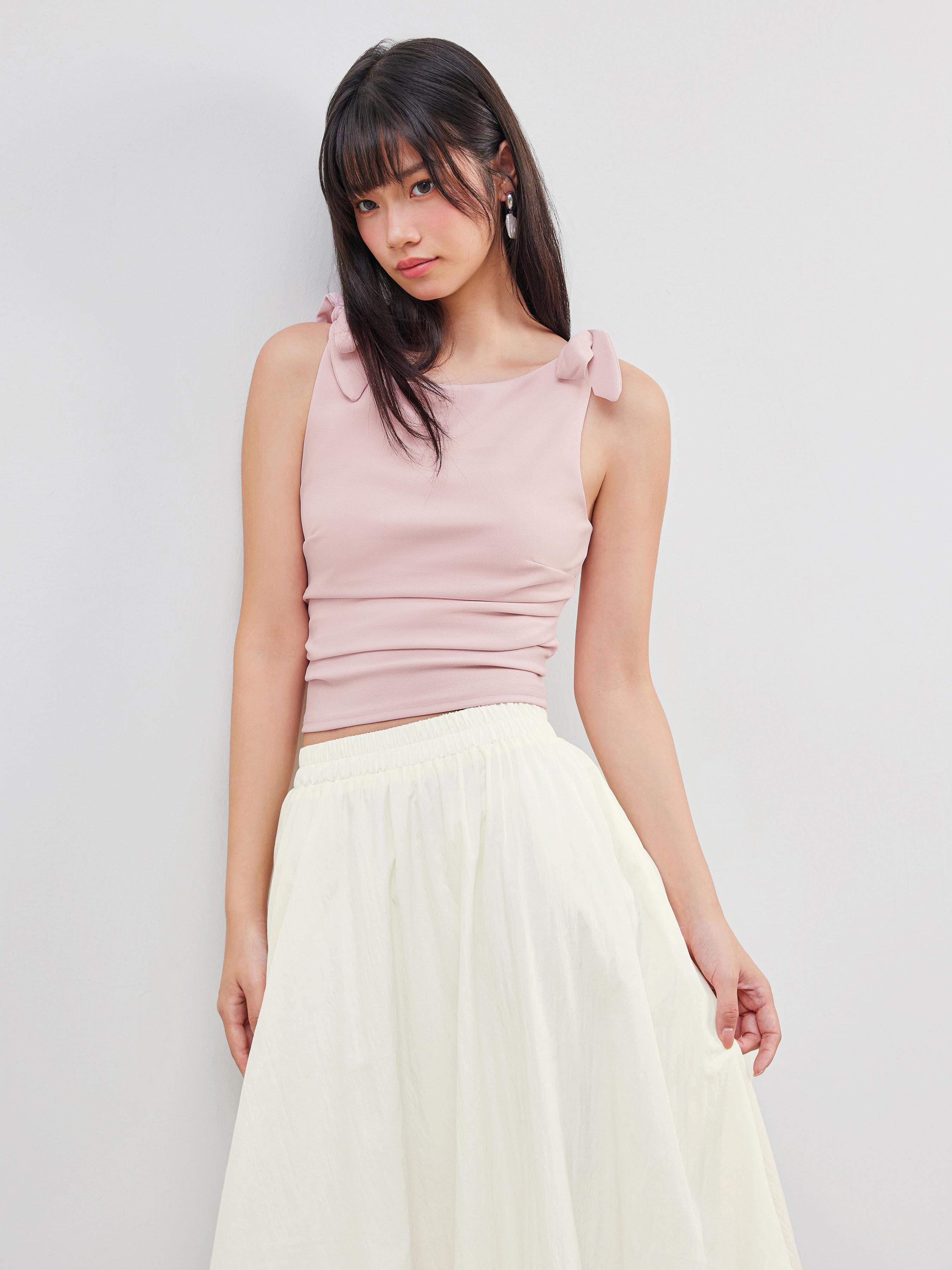 Jersey Scoop Neckline Solid Bowknot Ruched Crop Tank Top Product Image