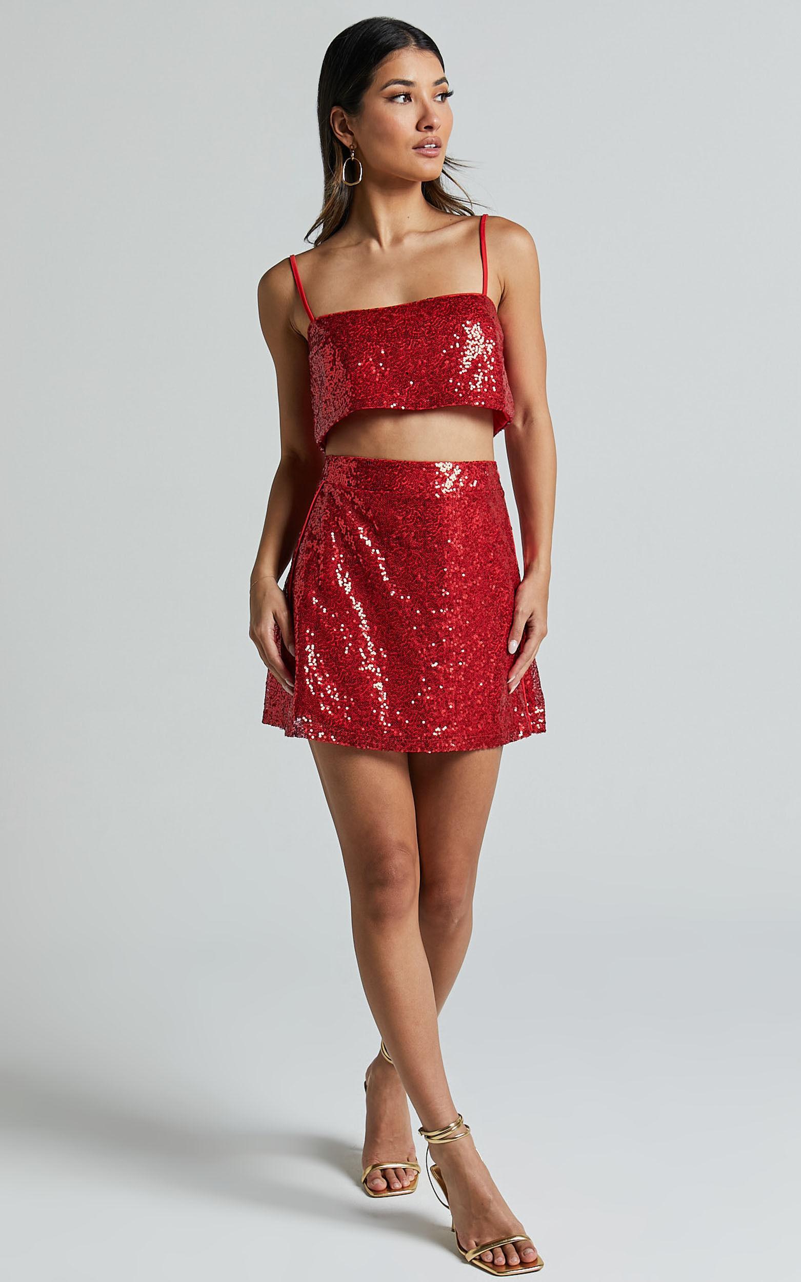 Elswyth Mini Skirt - Side Split Sequin Skirt in Red Product Image