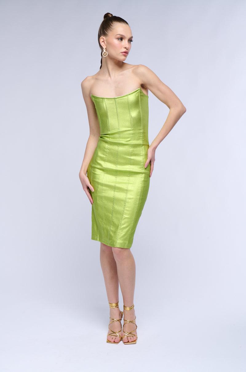 MEET ME IN THE METALLICS MIDI DRESS IN LIME Product Image