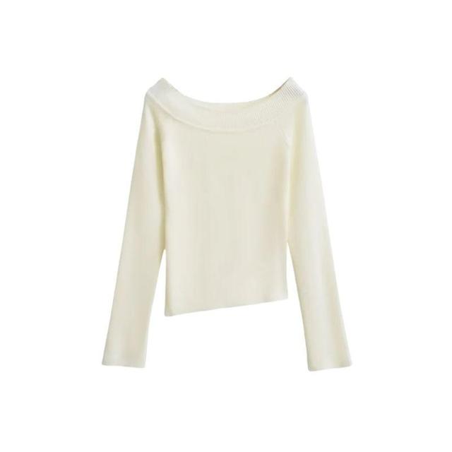 Long Sleeve Boat Neck Plain Asymmetrical Knit Top Product Image