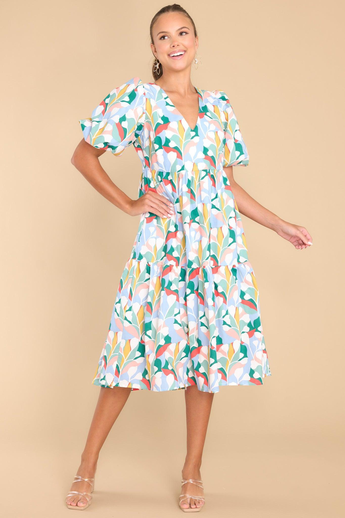 Aura Eyes In Paradise Sky Blue Multi Print Midi Dress Product Image