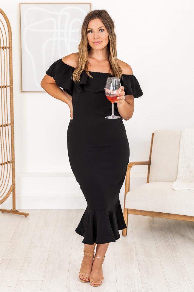 Latest And Greatest Black Ruffled Off The Shoulder Midi Dress FINAL SALE Product Image