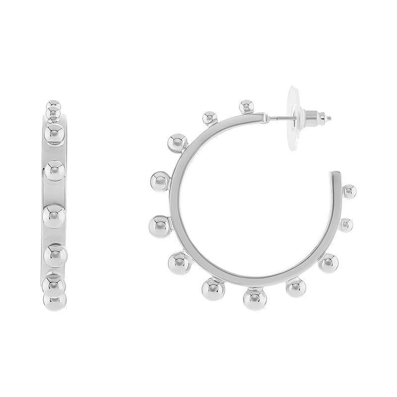 Emberly Polished Ball Station C Hoop Earrings, Womens, White Product Image